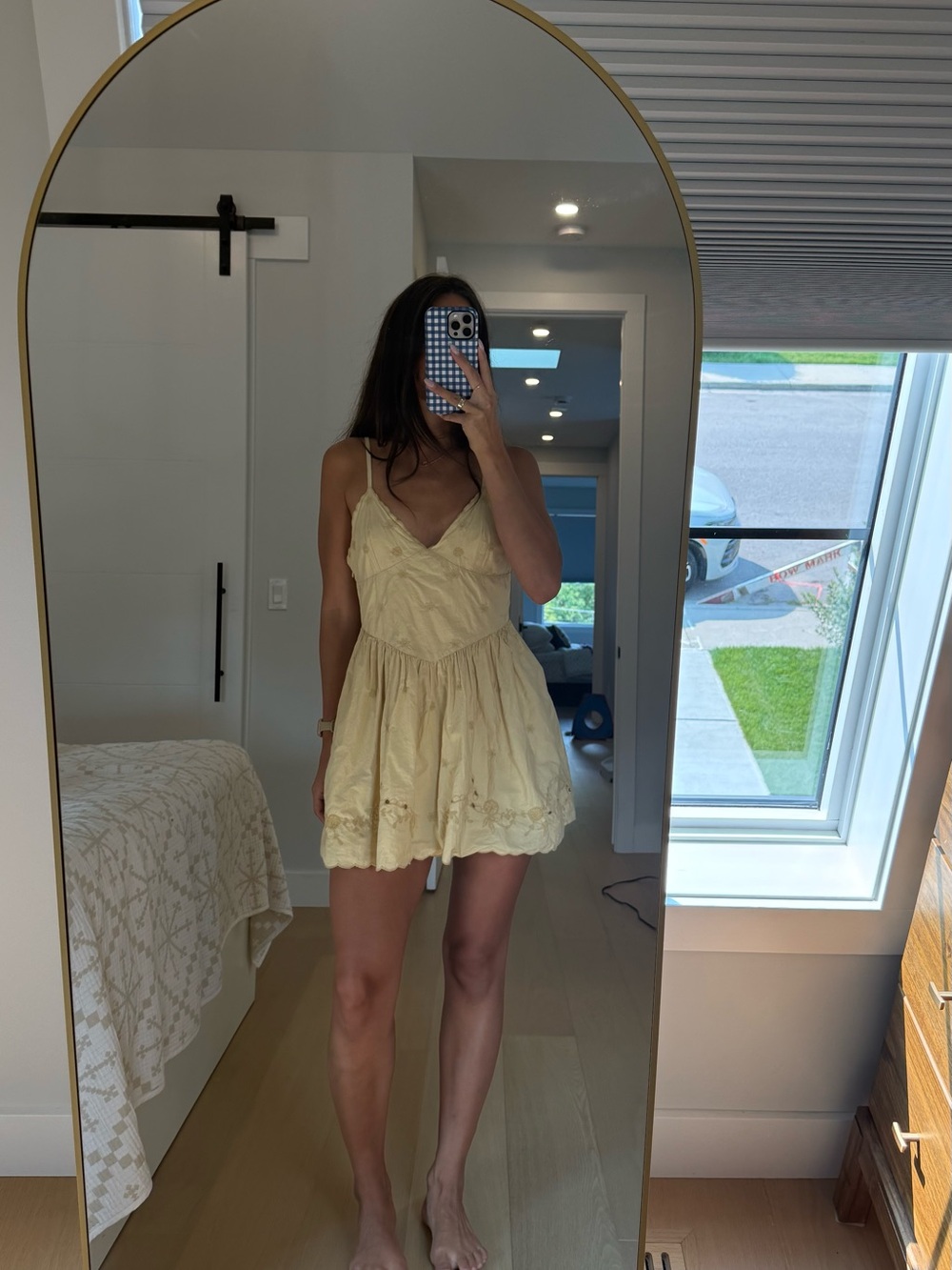 Zara Pale Yellow Eyelet Mini Dress with Spaghetti Straps